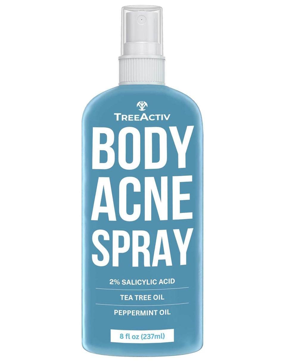 TreeActiv back acne spray bottle demonstrating broad-area coverage for back and shoulders.