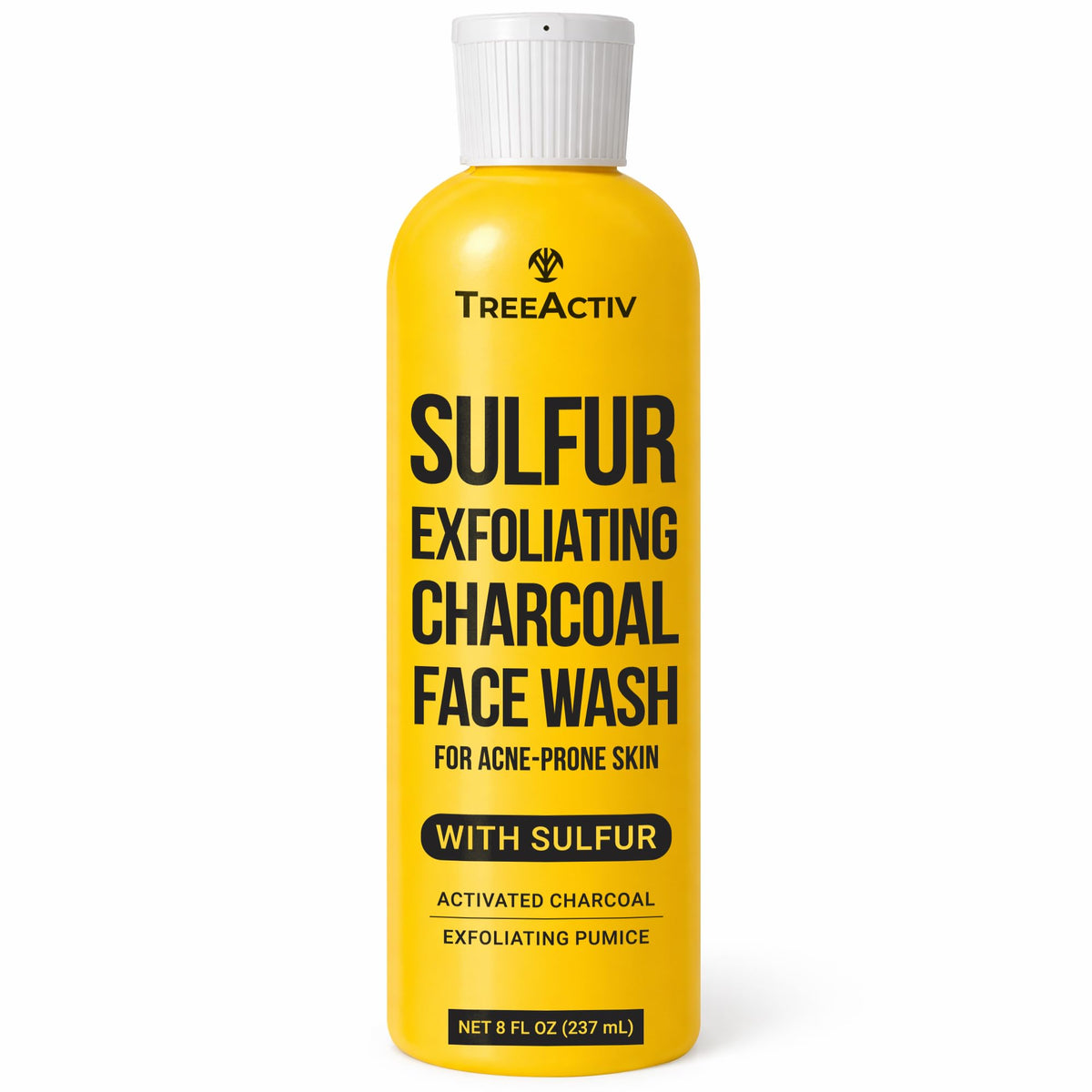 TreeActiv sulfur 10% face wash bottle showing the acne control formula for daily use.