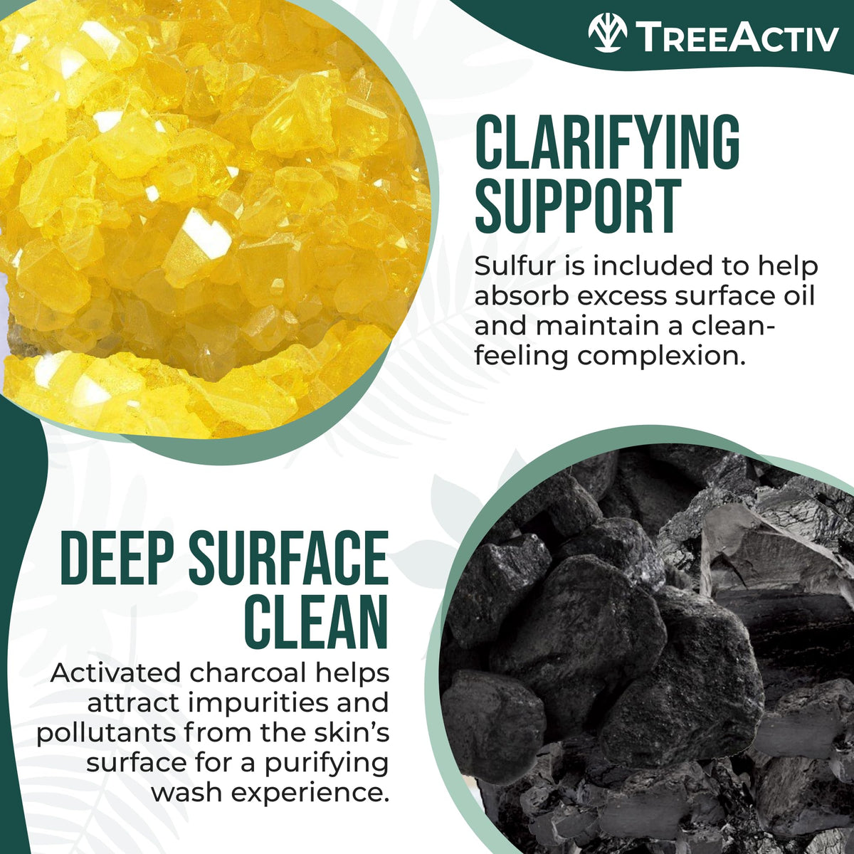 TreeActiv sulfur exfoliating particles detail shows natural exfoliation without harsh scrubs.
