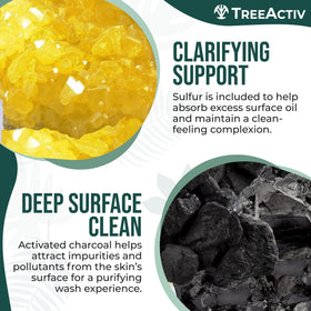 TreeActiv sulfur exfoliating particles detail shows natural exfoliation without harsh scrubs.
