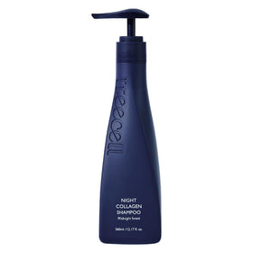 TREECELL Night Collagen Shampoo bottle pouring for overnight hydration.