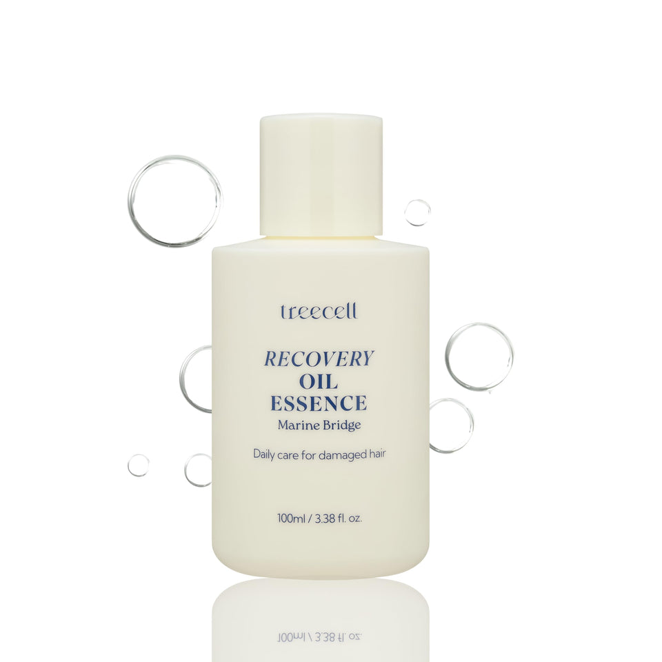 Treecell Recovery Oil Essence bottle front highlighting premium nourishment for dry hair