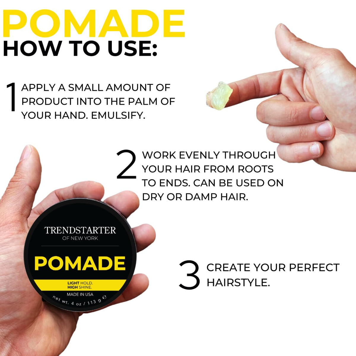 TRENDSTARTER Classic Pomade hand-application illustrates flexible hold on hair.