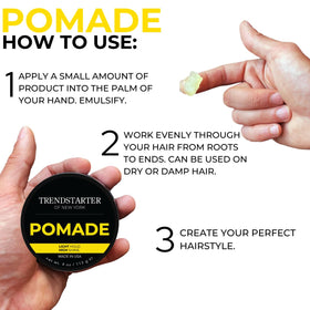TRENDSTARTER Classic Pomade hand-application illustrates flexible hold on hair.