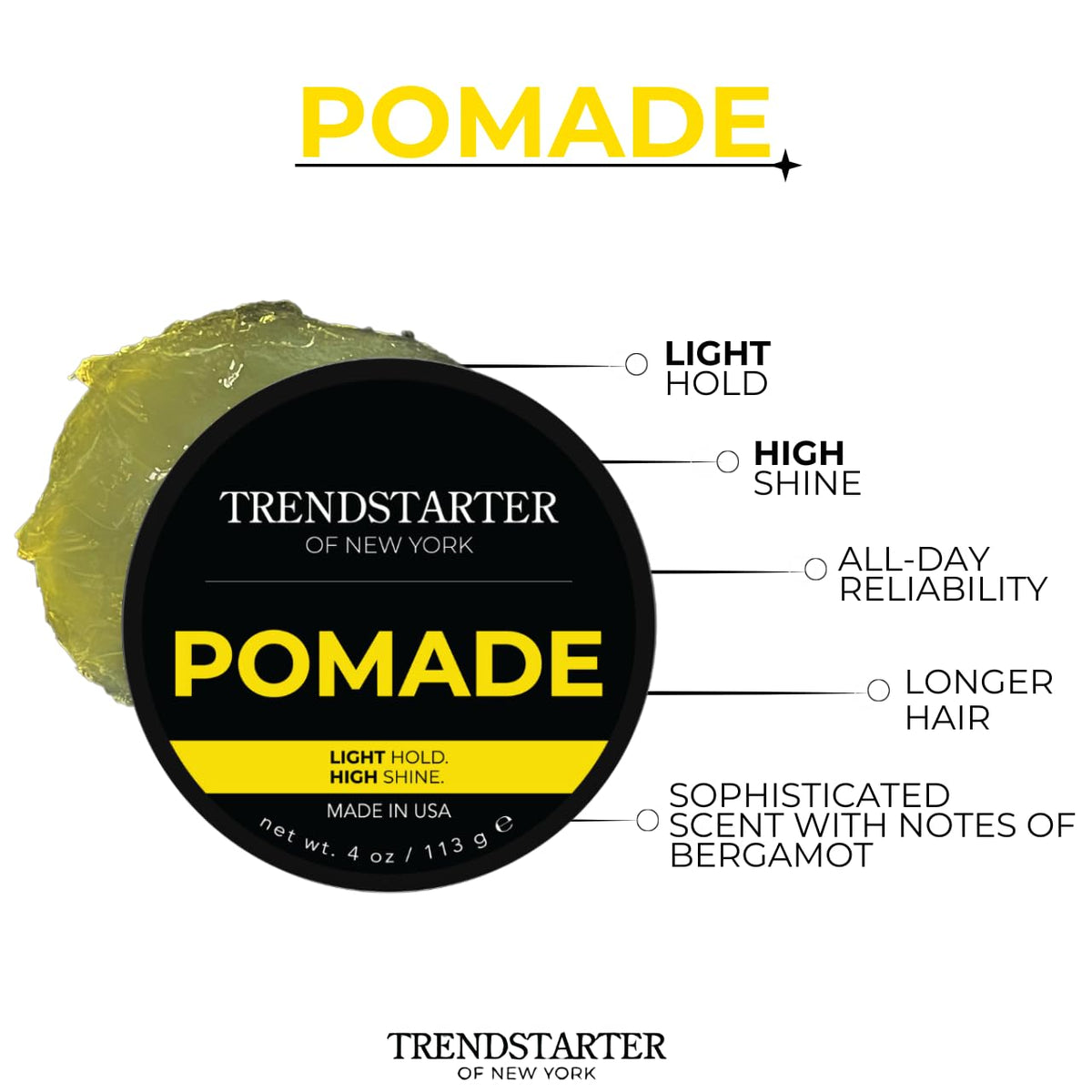 TRENDSTARTER Classic Pomade packaging highlights premium USA-made formula.