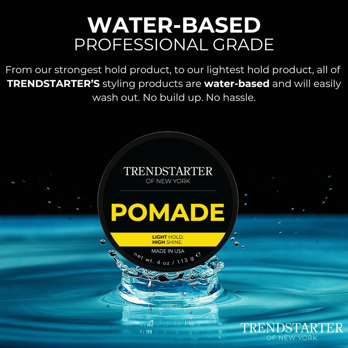 TRENDSTARTER Classic Pomade salon-display promotes versatile grooming options.