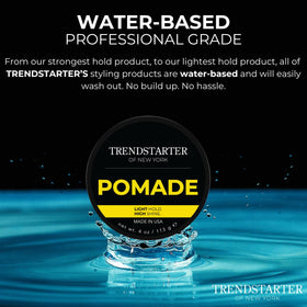 TRENDSTARTER Classic Pomade salon-display promotes versatile grooming options.
