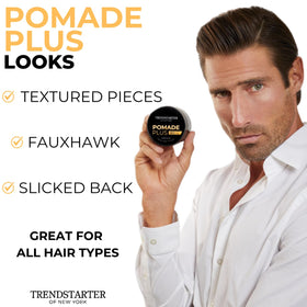 Hair styled with Pomade Plus showing a medium shine finish in light.