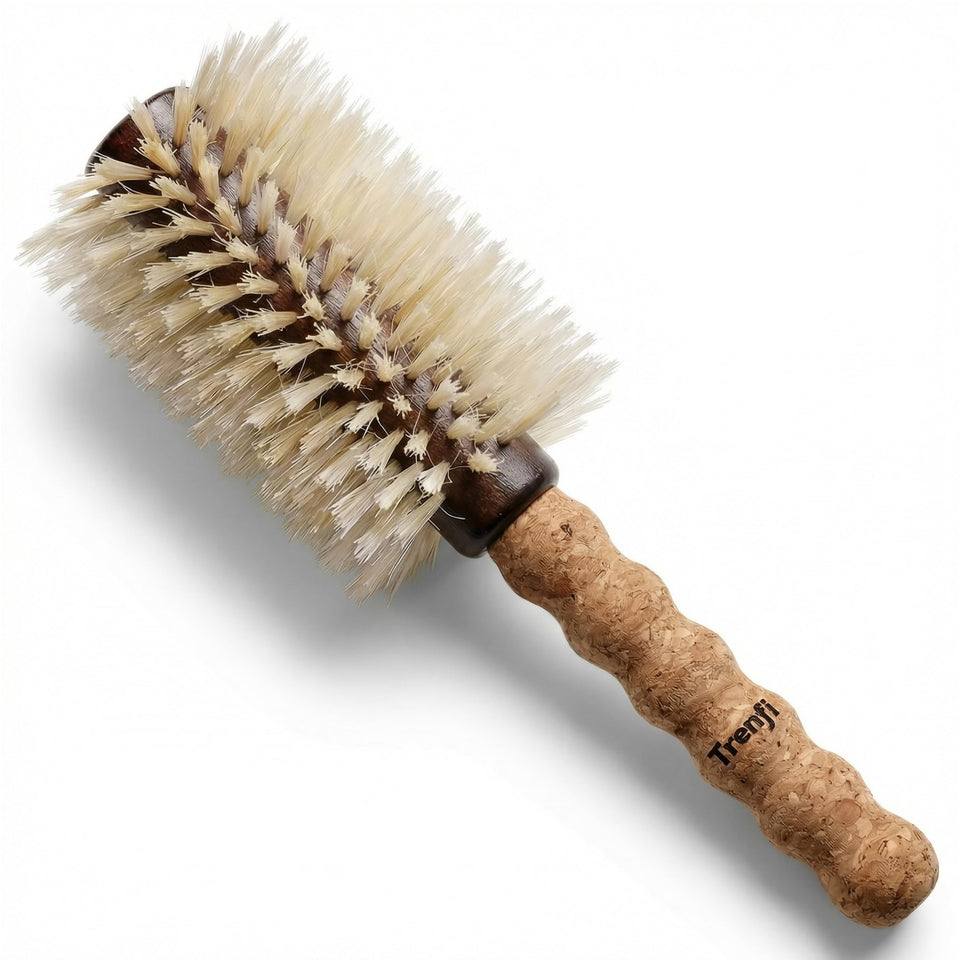 TRENFI boar bristle round brush with cork handle delivering gentle tension and lift.
