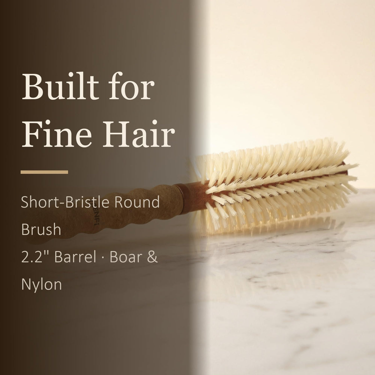 TRENFI cork-handle round brush close-up highlighting ergonomic grip