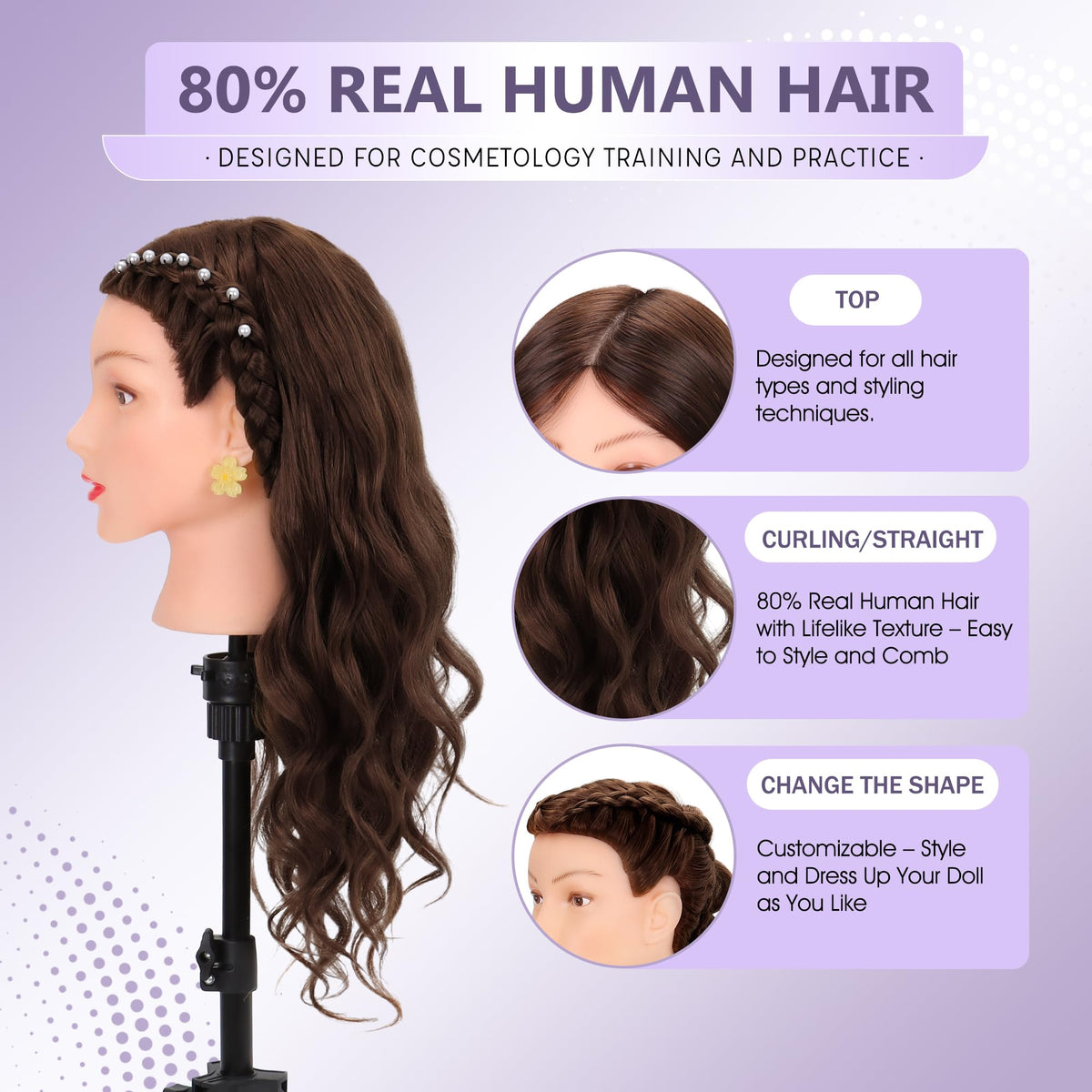 Treosida mannequin head 26-28 inches for versatile styling.