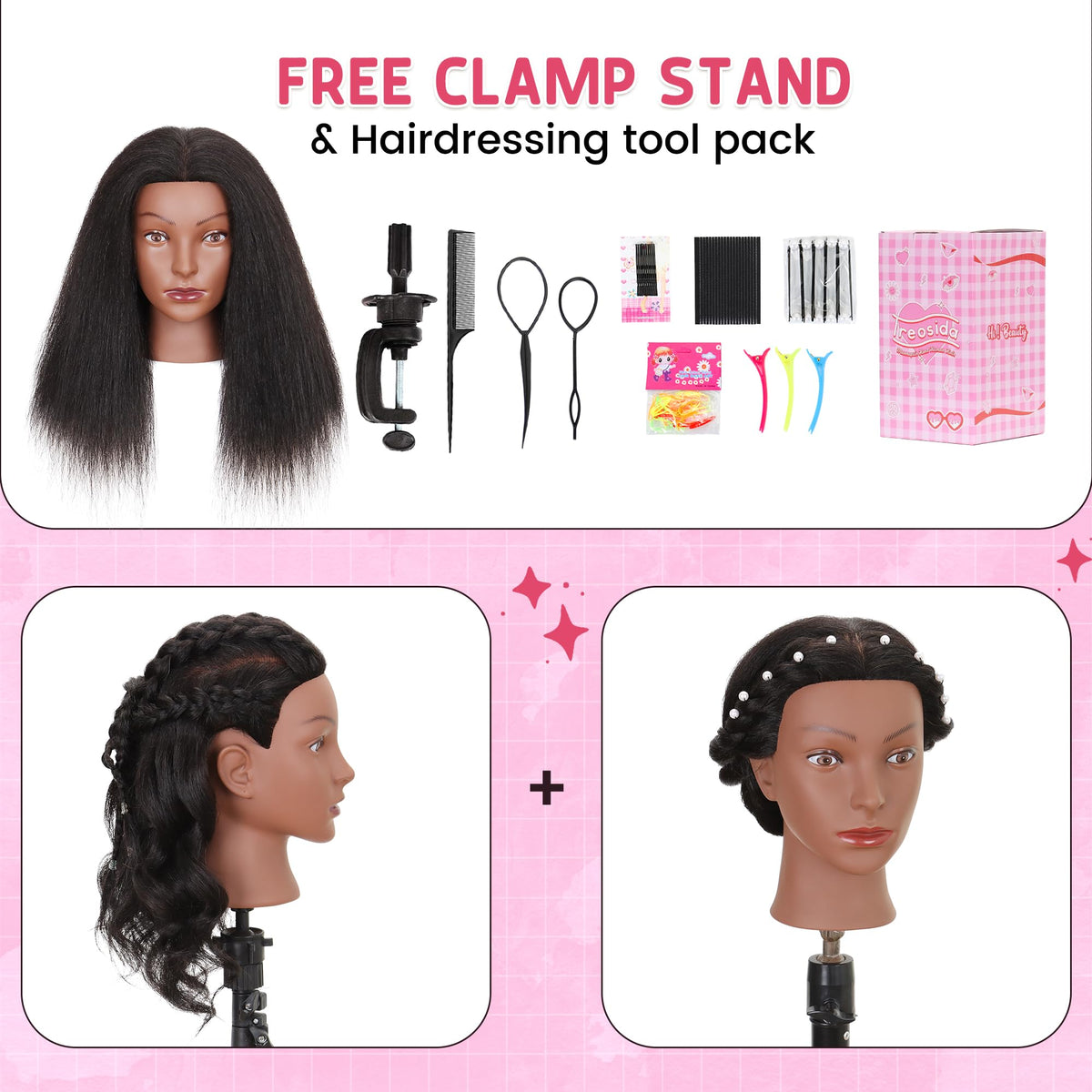 Treosida mannequin head with clamp stand included.