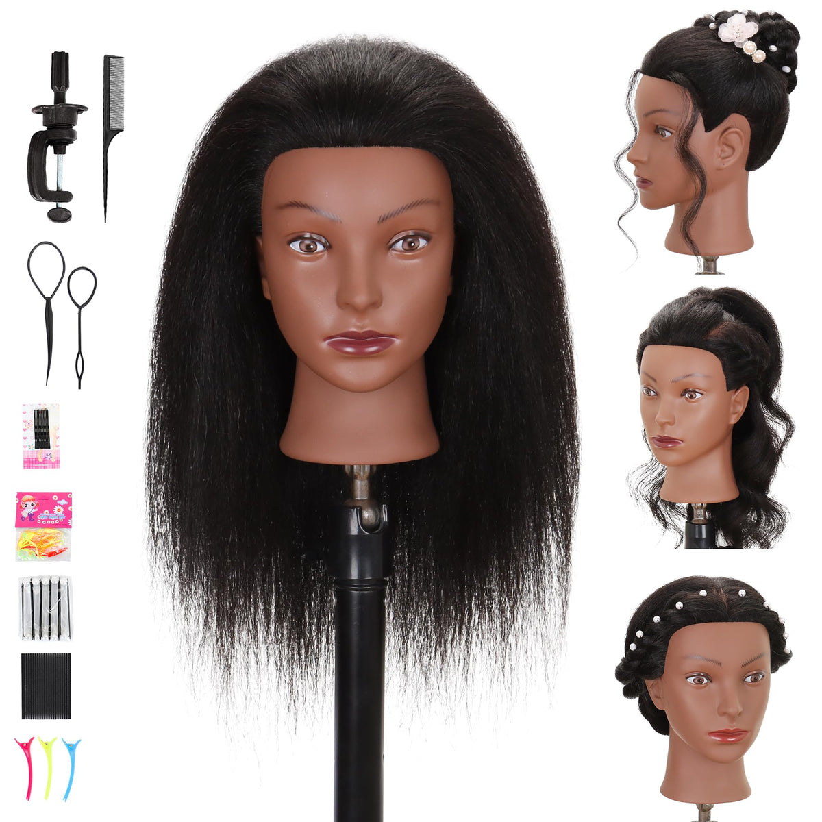 Treosida mannequin head with real hair close-up for braiding practice.
