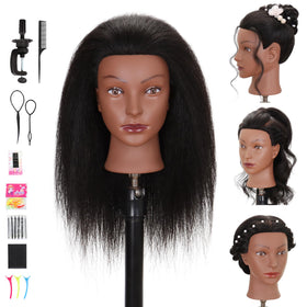 Treosida mannequin head with real hair close-up for braiding practice.