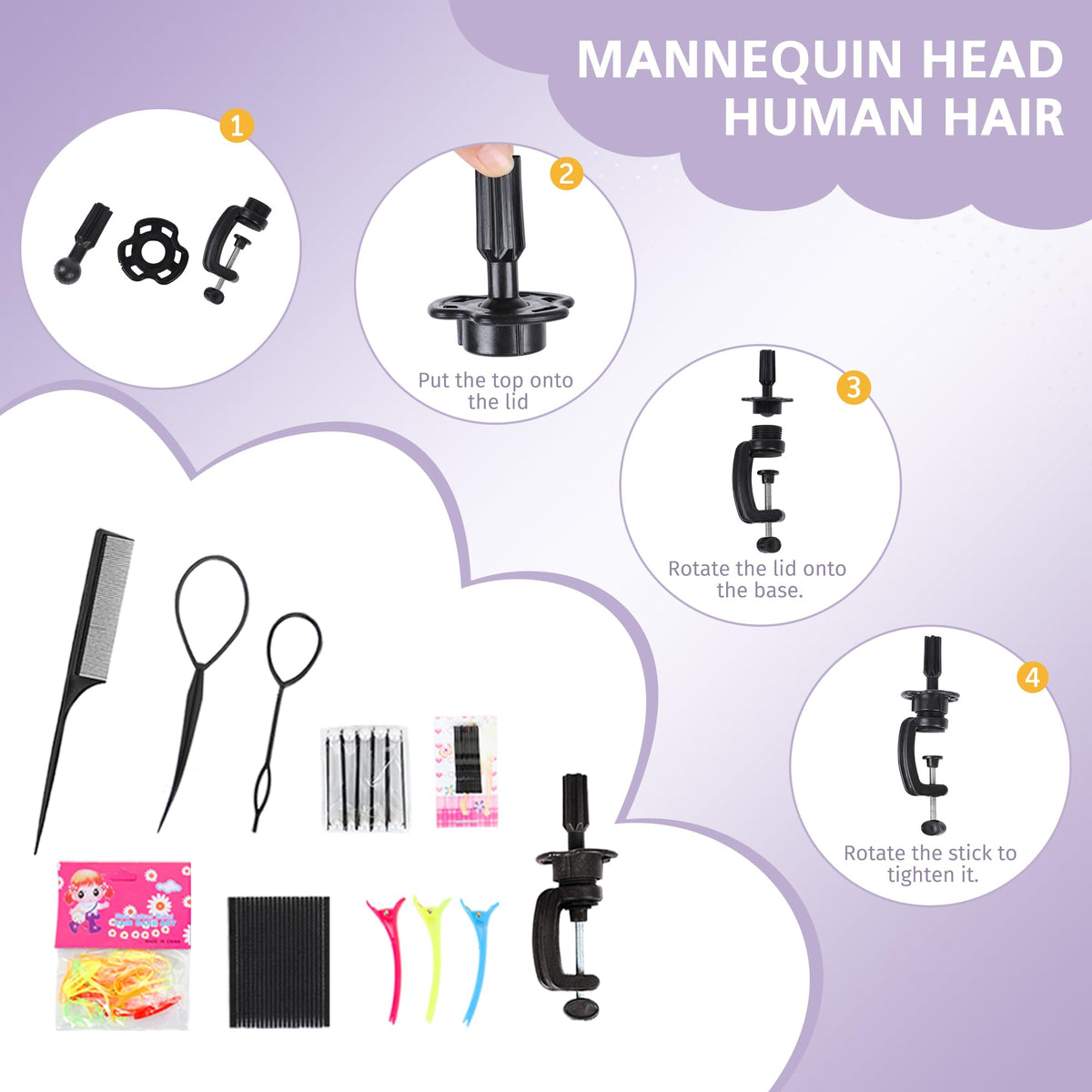 Treosida mannequin head supports shampooing, curling, and braiding practice.