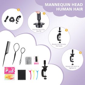 Treosida mannequin head supports shampooing, curling, and braiding practice.