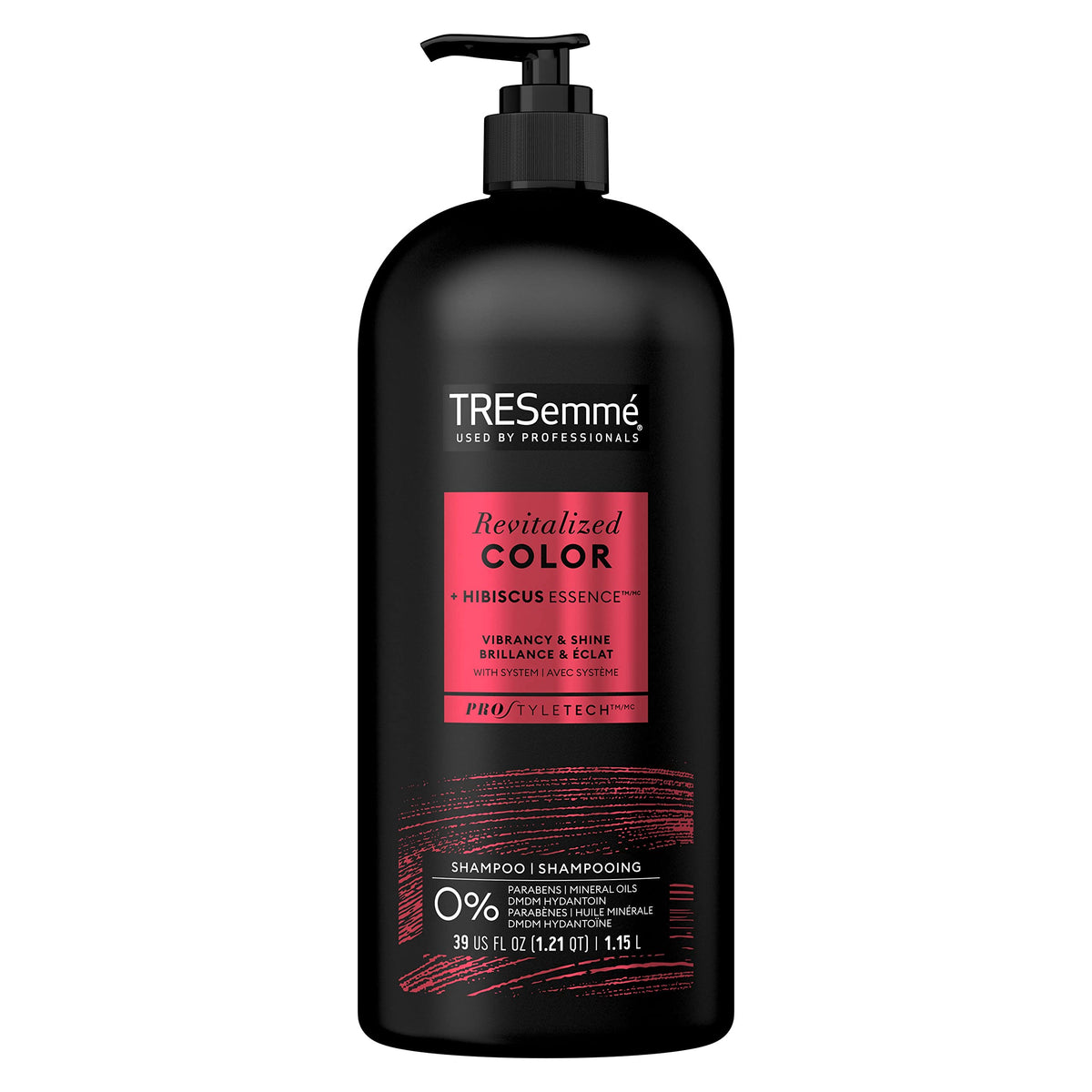 TRESemmé Color Revitalize shampoo bottle with pump highlighting easy color protection.