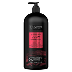TRESemmé Color Revitalize shampoo bottle with pump highlighting easy color protection.