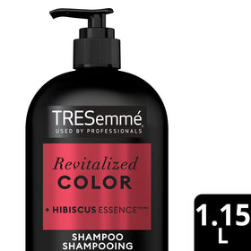 TRESemmé Color Revitalize label closeup emphasizing color protection.