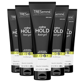 TRESemmé extra hold gel heat-protection for styled, heat-dried hair.