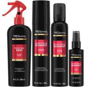 TRESemmé Keratin Smooth Blowout Mousse bottle ready for sleek, frizz-free styling.