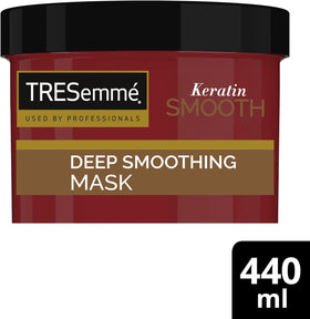TRESemmé Keratin Smooth bottle on vanity illustrating smooth styling