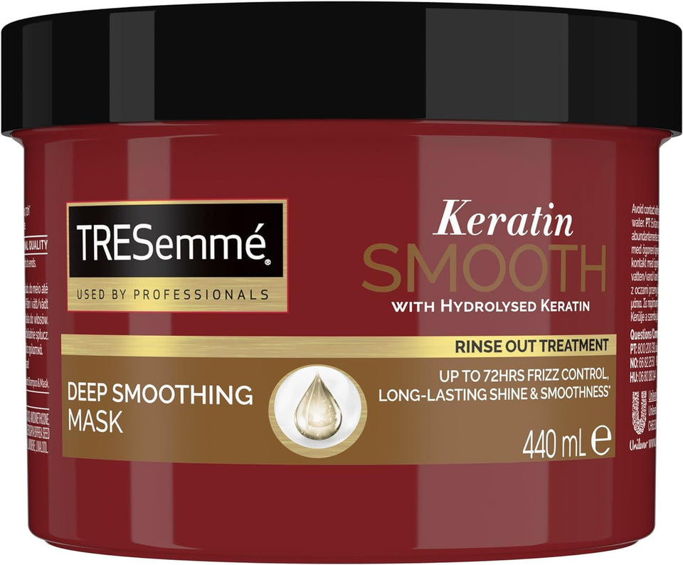 TRESemmé Keratin Smooth Deep Smoothing Mask jar showing frizz-control shine