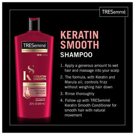 TRESemmé Keratin Smooth frizz-control close-up emphasizes sleek, moveable hair.