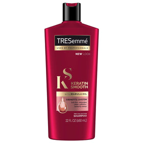 TRESemmé Keratin Smooth Shampoo bottle showing frizz-control for sleek, manageable hair.