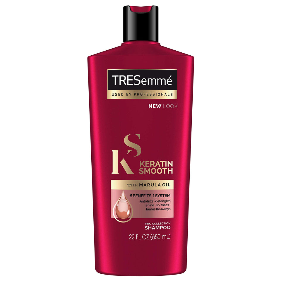 TRESemmé Keratin Smooth Shampoo bottle showing frizz-control for sleek, manageable hair.