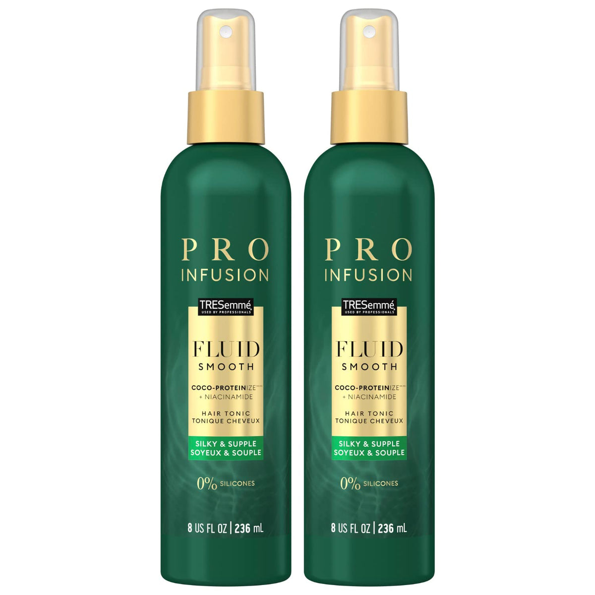 TRESemmé Pro Infusion Volume Tonic bottle close-up for sleek, voluminous styling.
