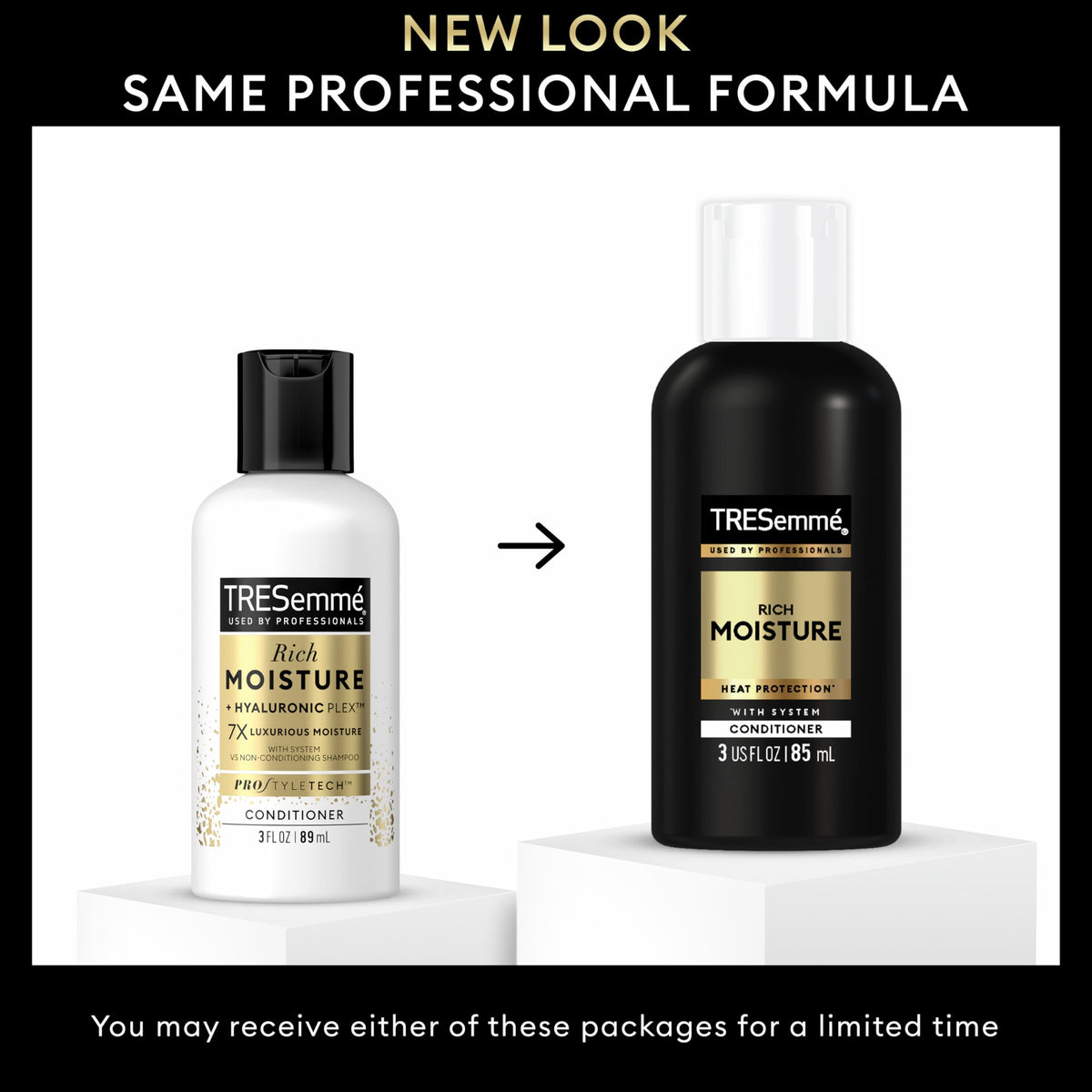 Closeup of TRESemmé Rich Moisture Conditioner label highlighting hyaluronic acid