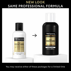 Closeup of TRESemmé Rich Moisture Conditioner label highlighting hyaluronic acid