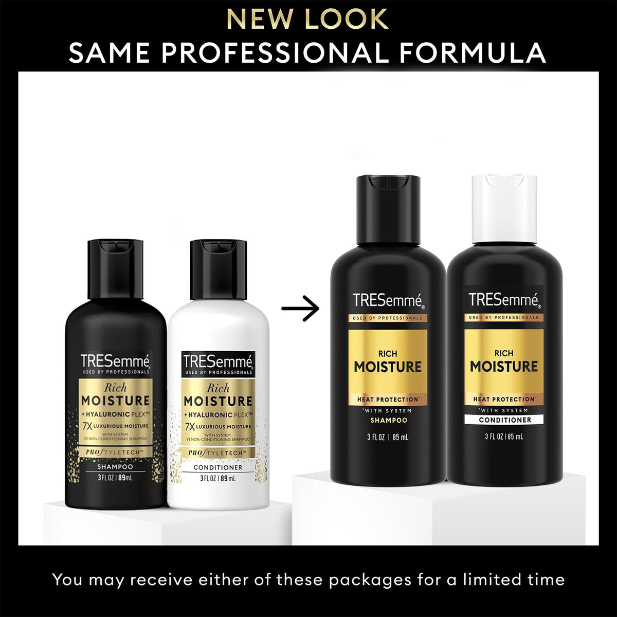 TRESemmé rich moisture shampoo 3oz bottle nourishes hair during trips.