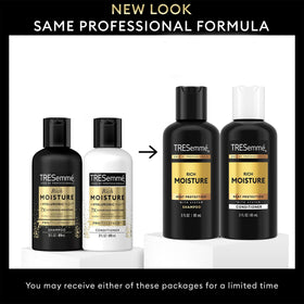 TRESemmé rich moisture shampoo 3oz bottle nourishes hair during trips.