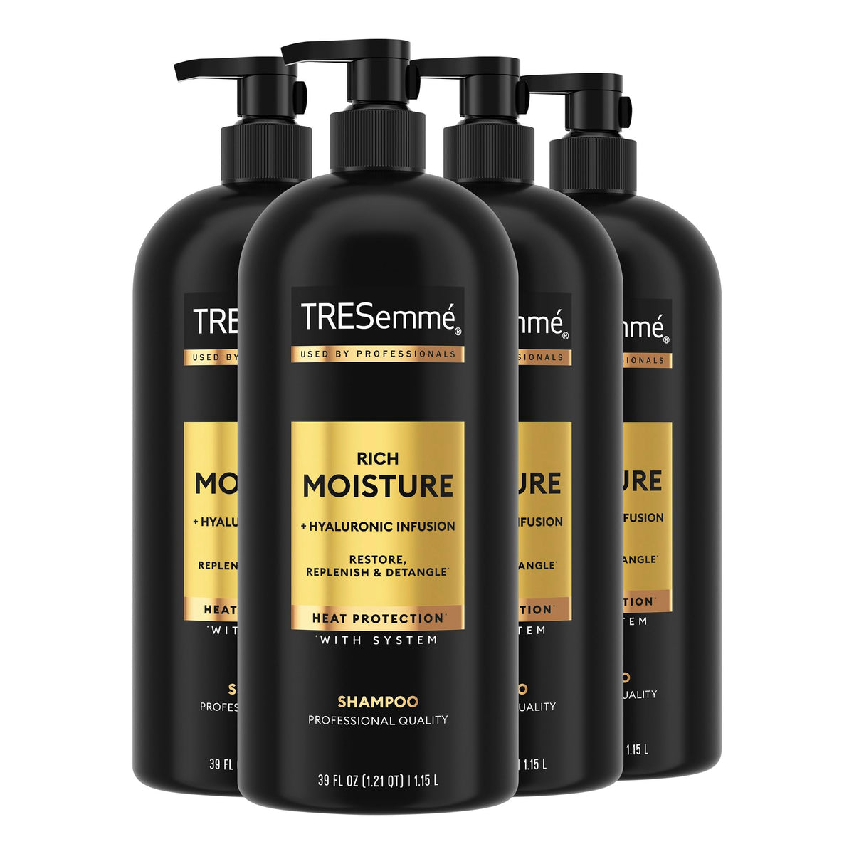TRESemmé Rich Moisture shampoo pump bottle ready for shower use.