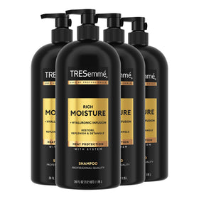 TRESemmé Rich Moisture shampoo pump bottle ready for shower use.