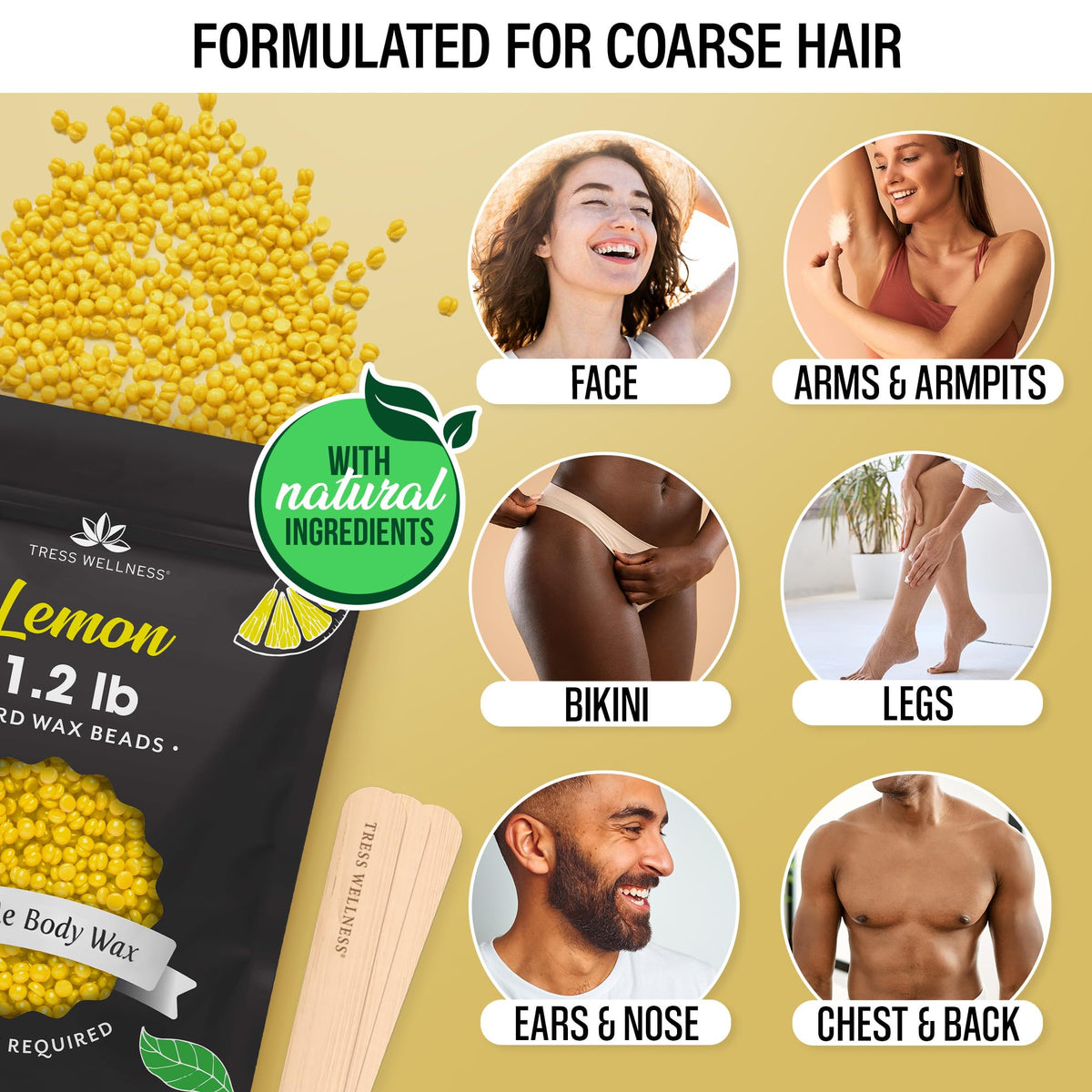 Tress Wellness dermatologically tested wax packaging indicating gentle skin use.