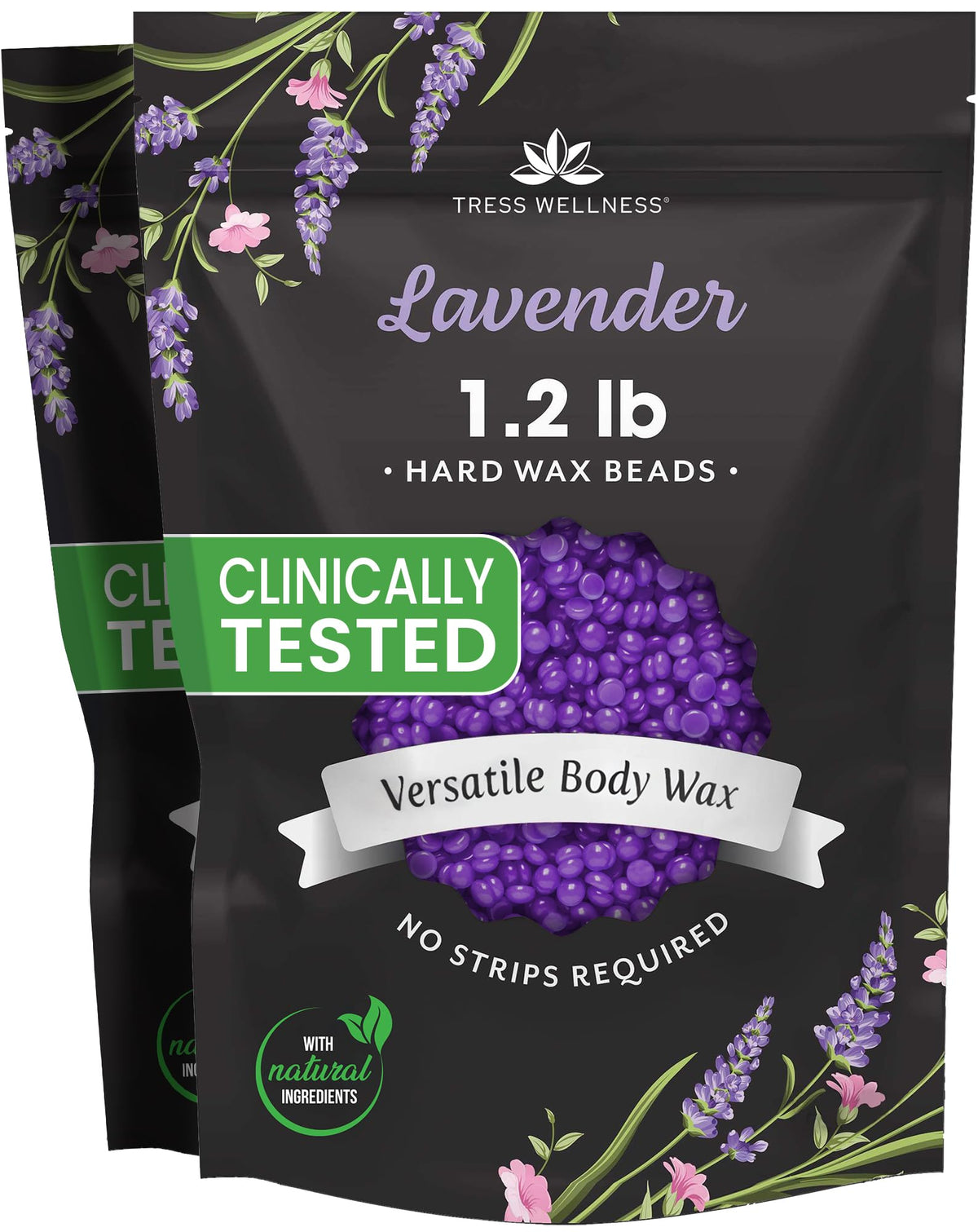 Tress Wellness lavender wax beads jar closeup showing premium texture for at-home waxing