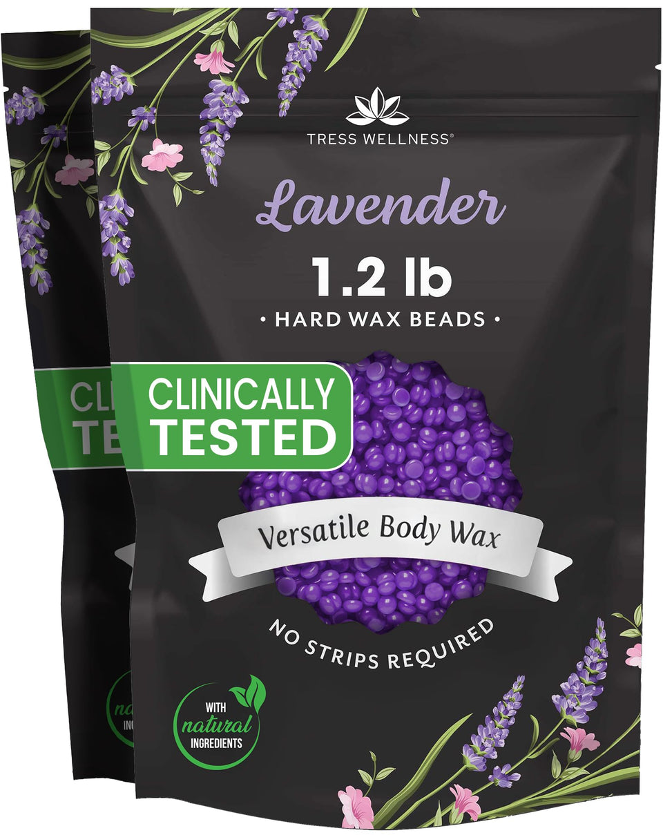 Tress Wellness lavender wax beads jar closeup showing premium texture for at-home waxing