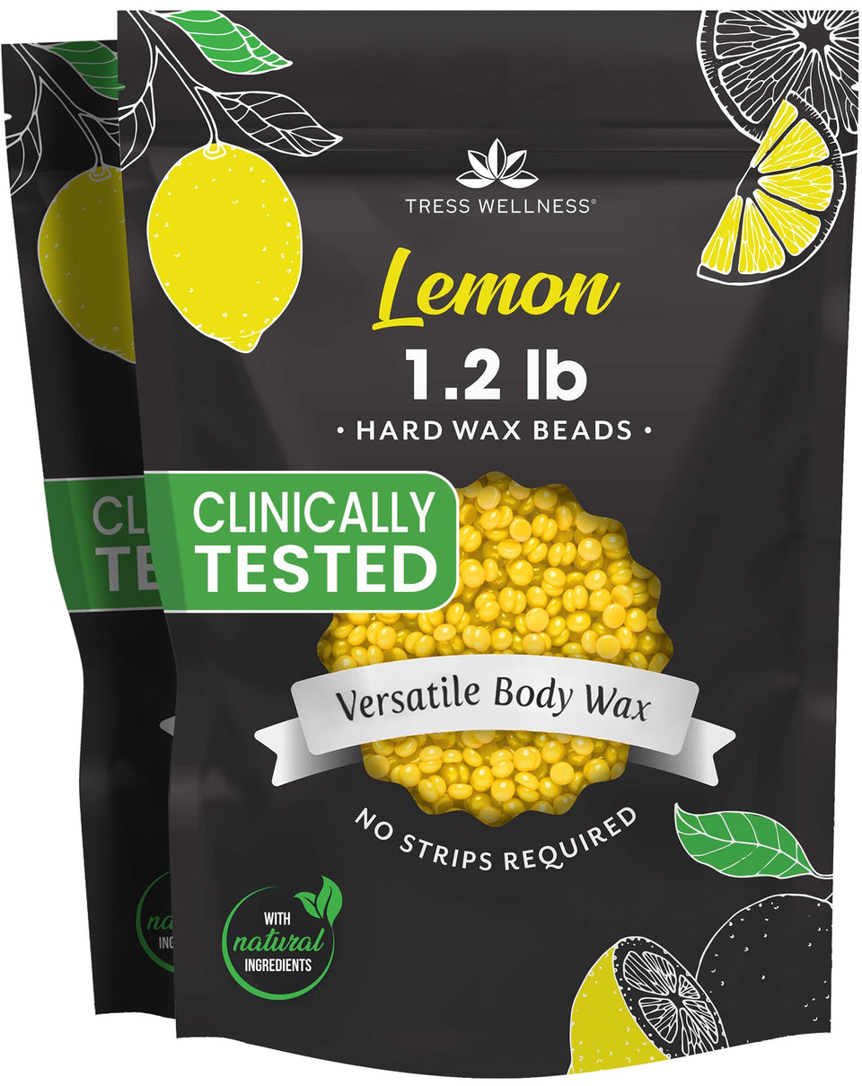 Tress Wellness wax beads with lemon scent in packaging for easy at-home waxing