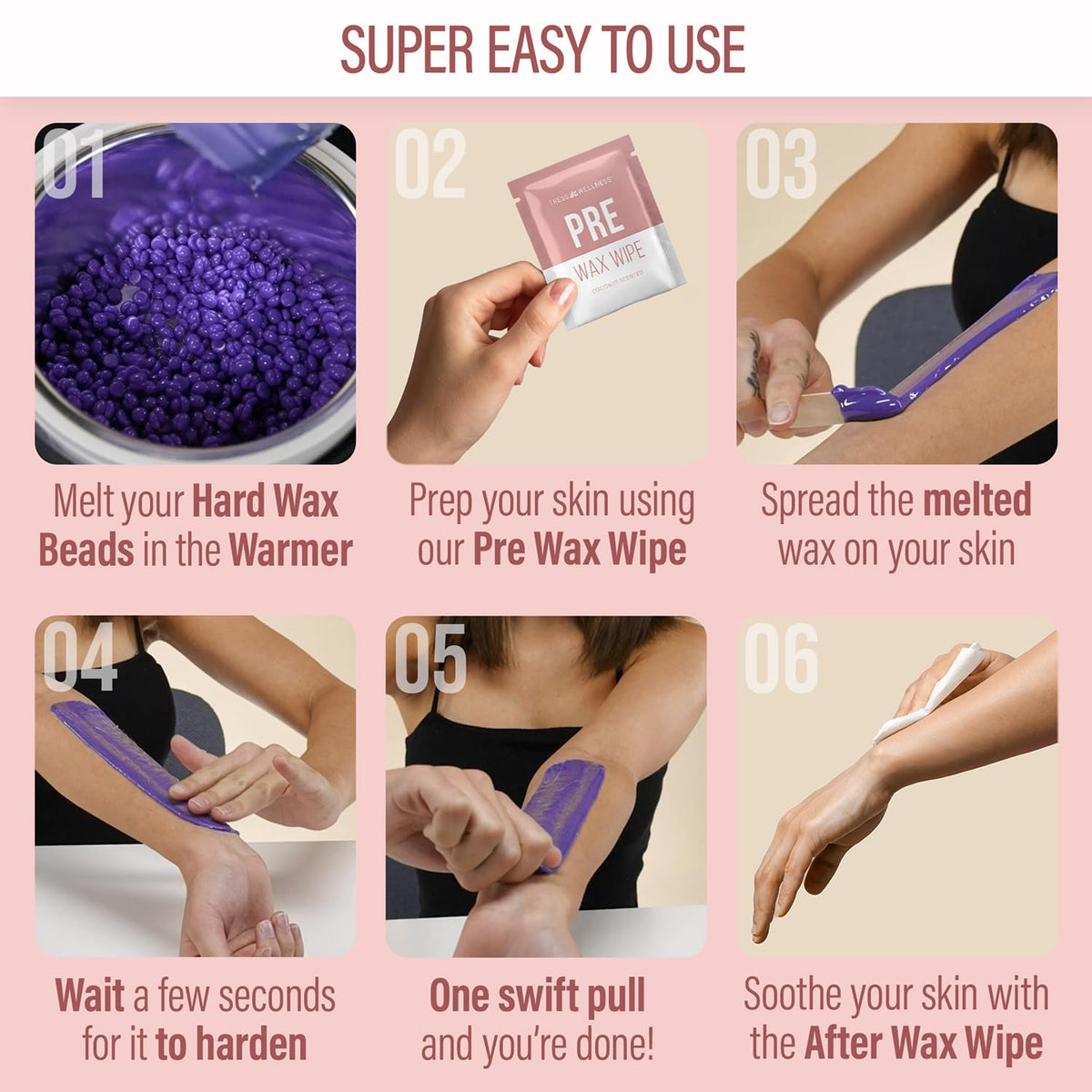 Tress Wellness pre-wax wipes prep skin for smooth wax.