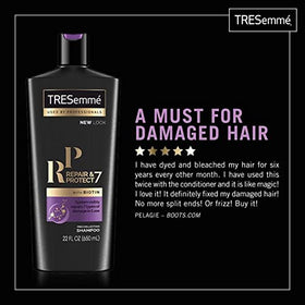 TRESemmé Repair & Protect 7 conditioner bottle closeup showcasing smoothing ingredients.