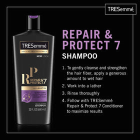 TRESemmé Repair & Protect 7 shampoo bottle closeup highlighting biotin-infused formula for vitality.