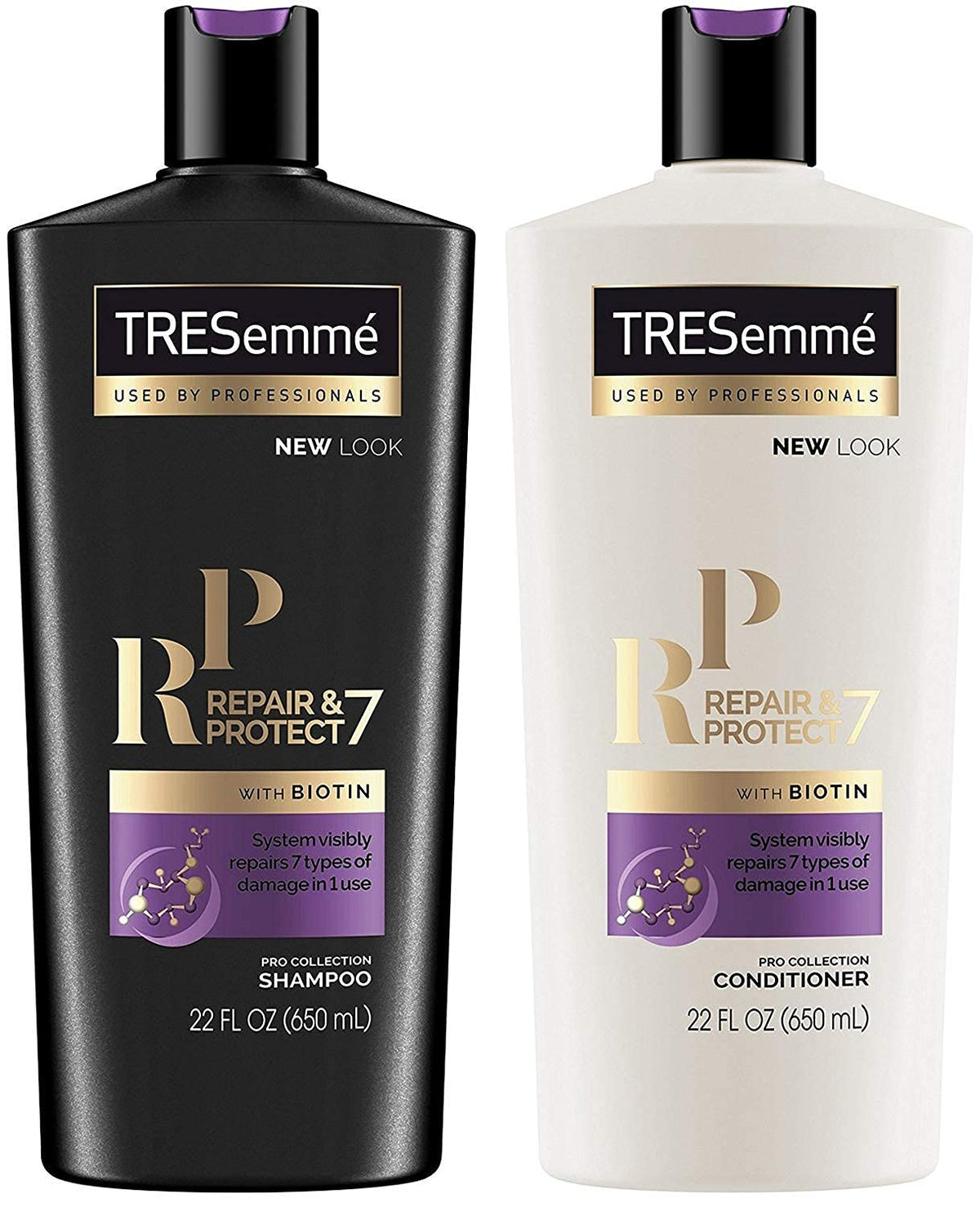 TRESemmé Repair & Protect 7 shampoo bottle pour showing biotin support for healthy hair.