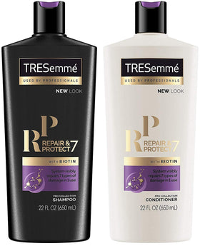 TRESemmé Repair & Protect 7 shampoo bottle pour showing biotin support for healthy hair.