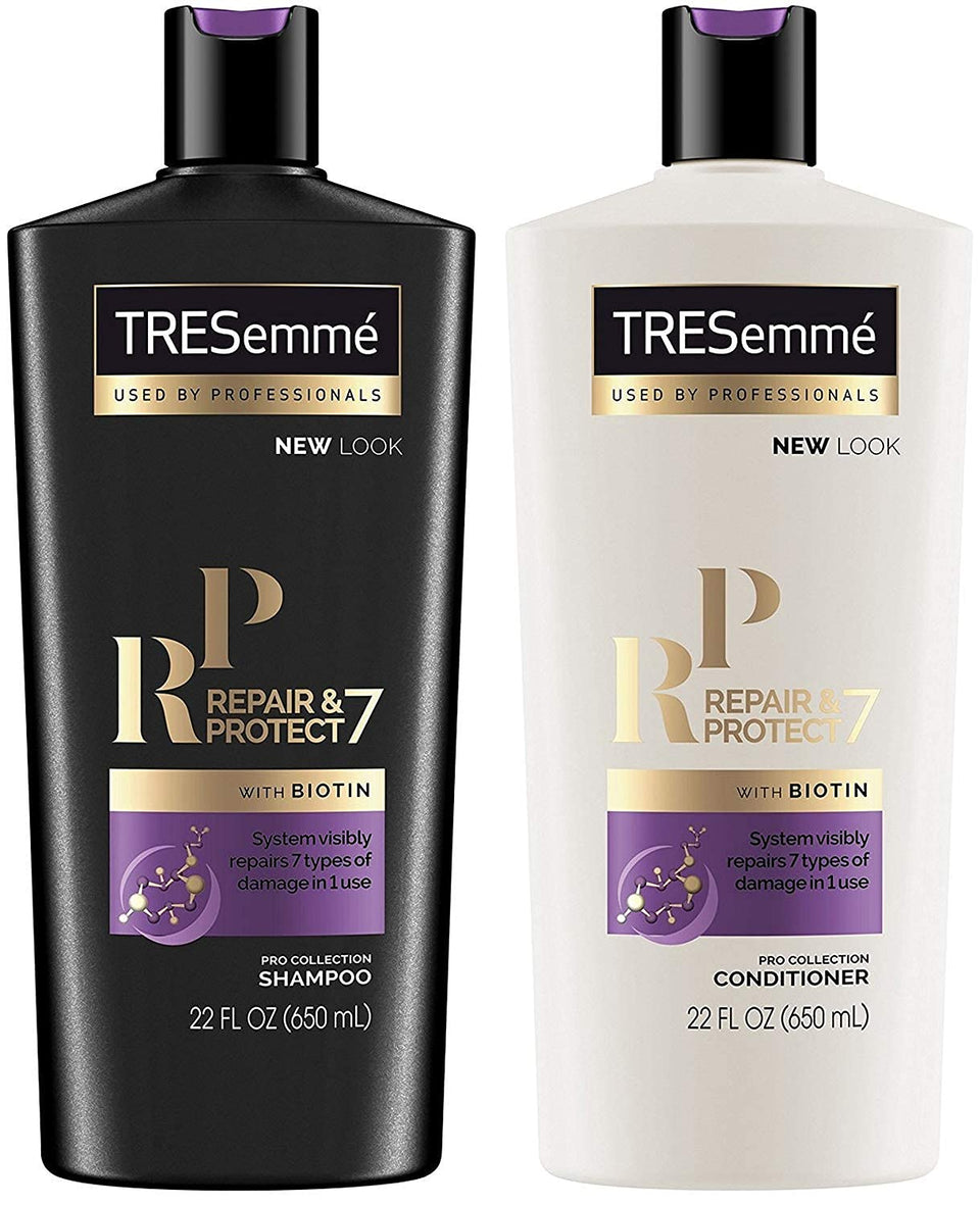 TRESemmé Repair & Protect 7 shampoo bottle pour showing biotin support for healthy hair.
