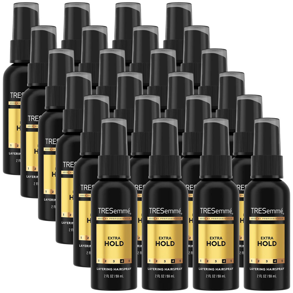 TRESemmé travel hairspray 24-mini-bottles display for on-the-go layering and hold.