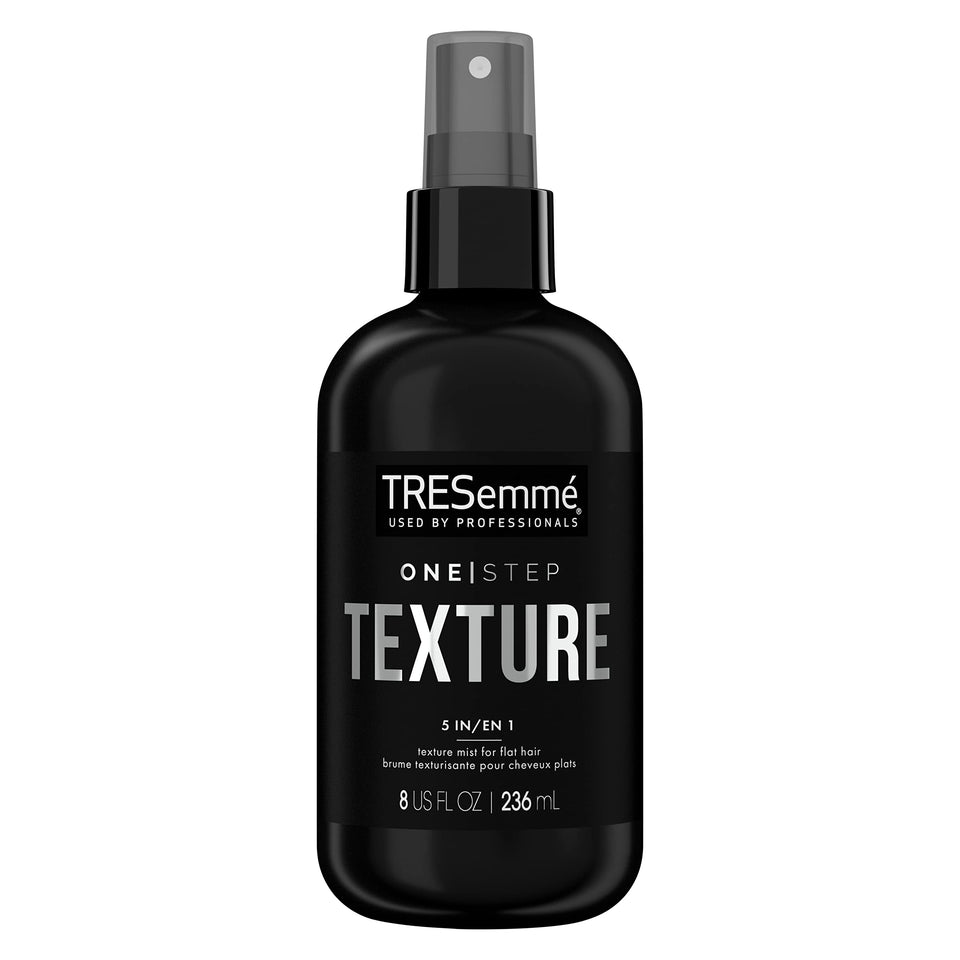 TRESemme One Step 5-in-1 Texture Mist bottle showing grip-enhancing formula for flat hair
