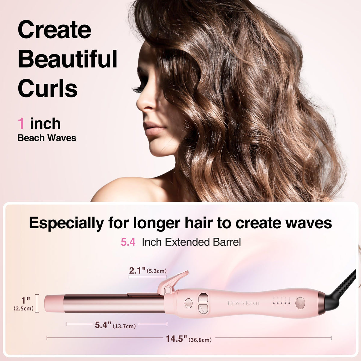 Tresses Touch automatic hair curler with dual-direction rotation for tangle-free styling.
